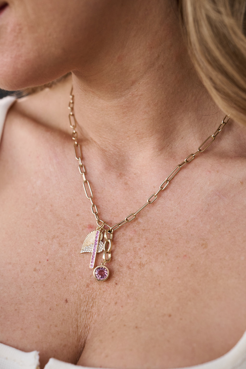 Pink Tourmaline Bar Charm Necklace