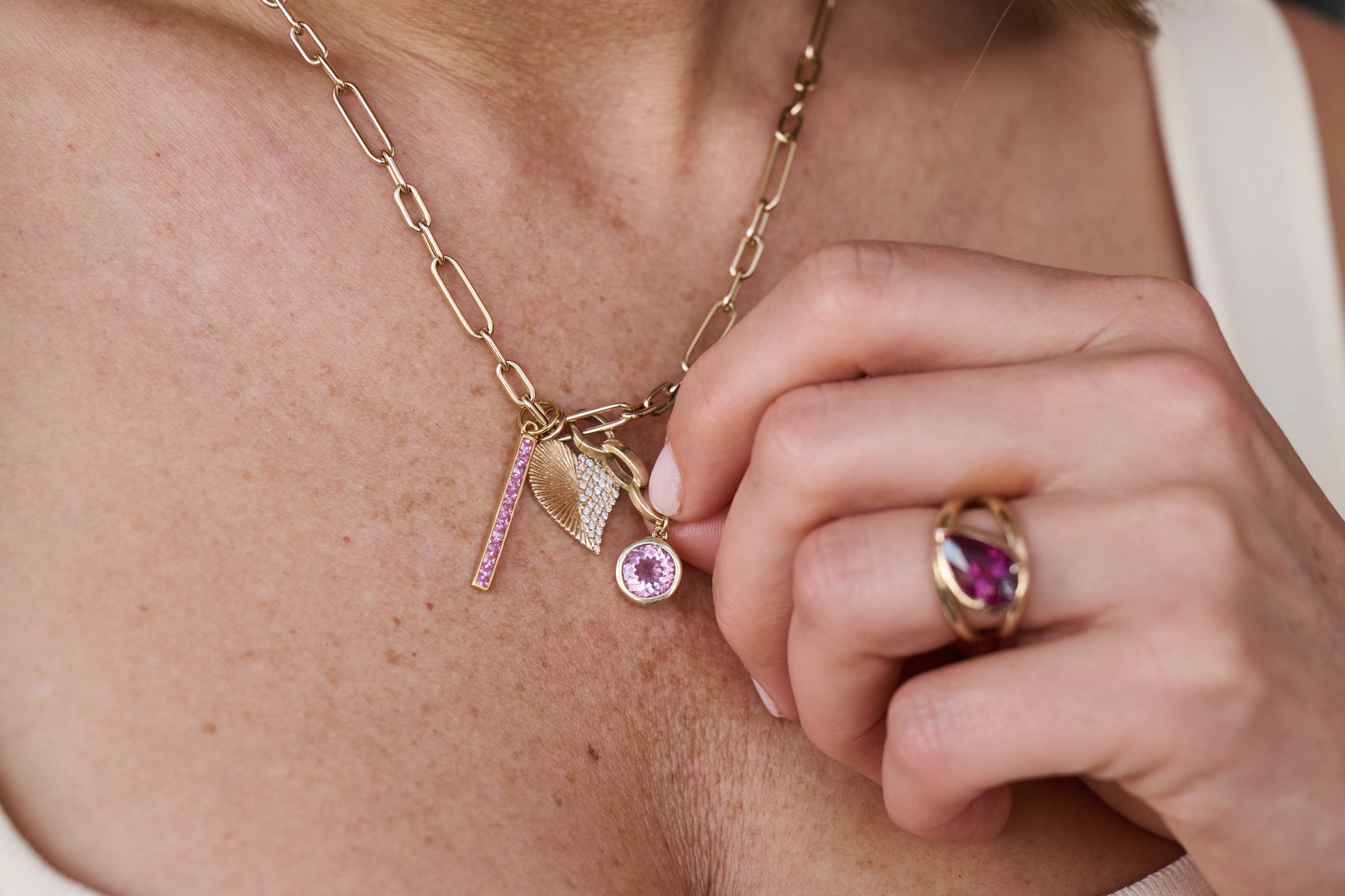 Pink Tourmaline Circle Charm Necklace