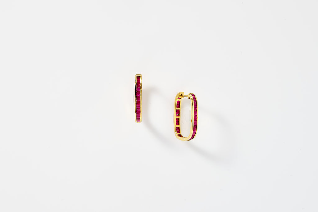 Oval Baguette Ruby Hoop Earrings